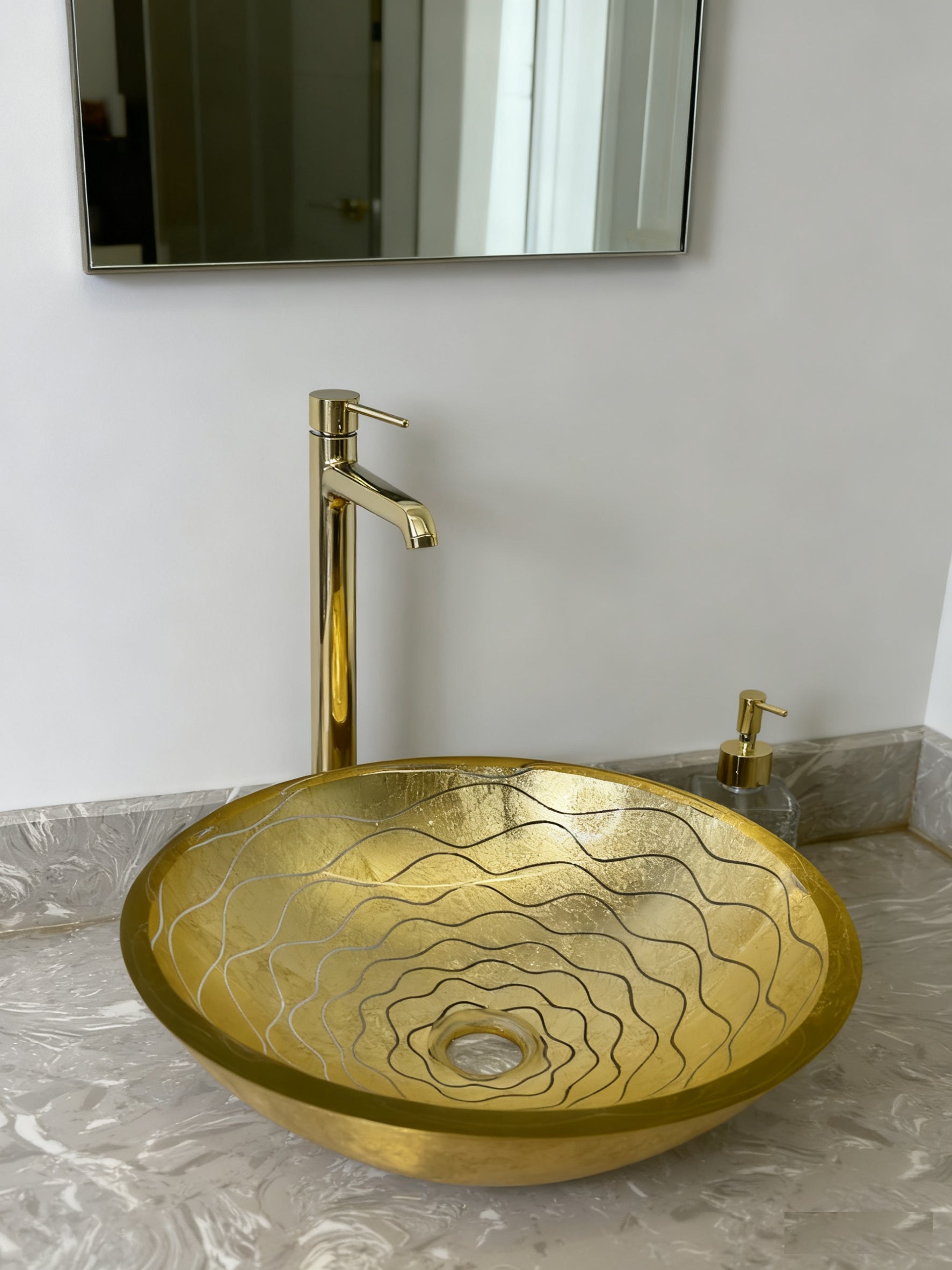 Gold Wave-Patterned Art Glass Vessel Sink with Pop-Up Drain – Handcrafted Luxe Design, Ideal for Bathroom Vanity Upgrades | Model LAV-FWS108