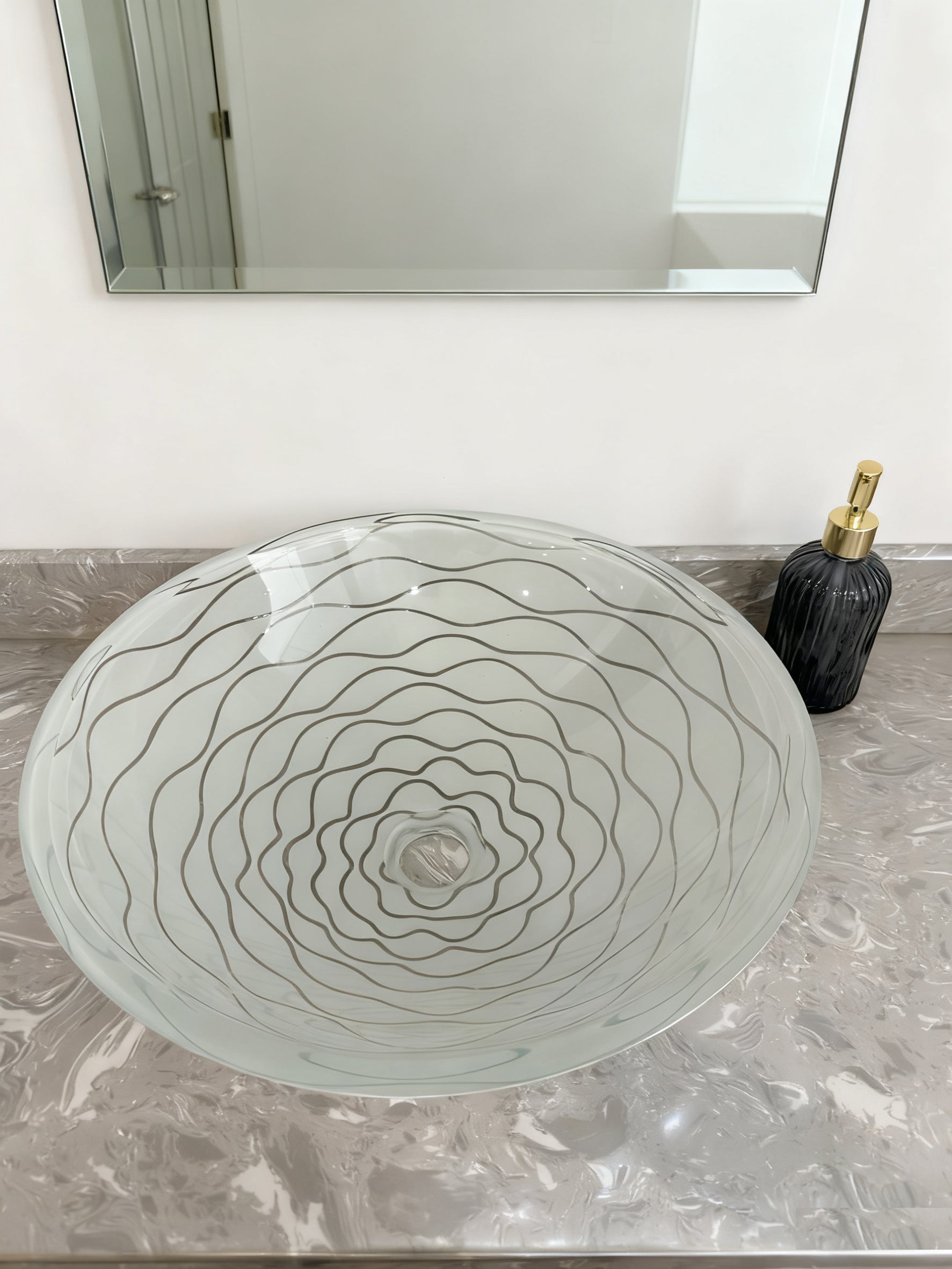 White Wave-Patterned Clear Glass Vessel Sink with Pop-Up Drain – Artistic Handcrafted Design, Smooth Finish, Ideal for Bathroom Vanity Upgrades | Model LAV-FWS107