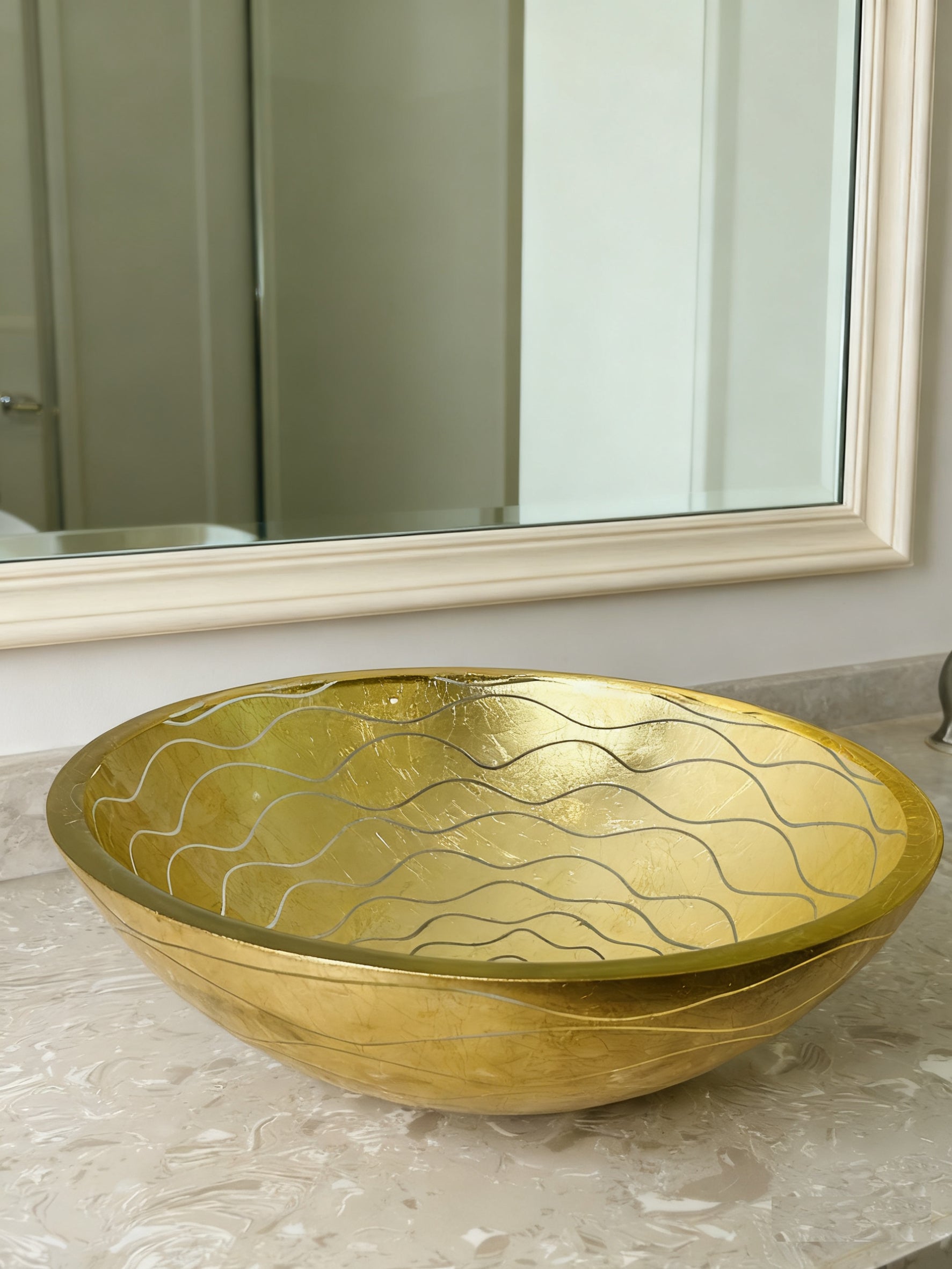 Gold Wave-Patterned Art Glass Vessel Sink with Pop-Up Drain – Handcrafted Luxe Design, Ideal for Bathroom Vanity Upgrades | Model LAV-FWS108