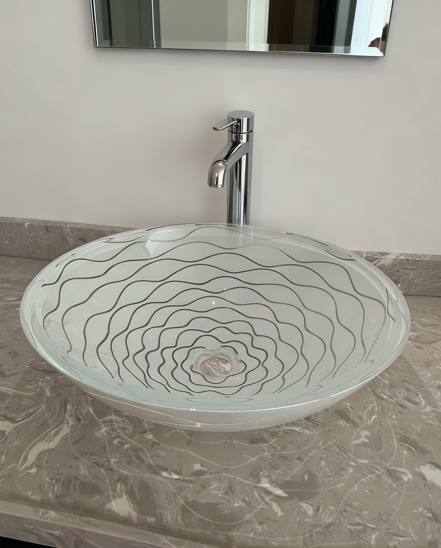 White Wave-Patterned Clear Glass Vessel Sink with Pop-Up Drain – Artistic Handcrafted Design, Smooth Finish, Ideal for Bathroom Vanity Upgrades | Model LAV-FWS107