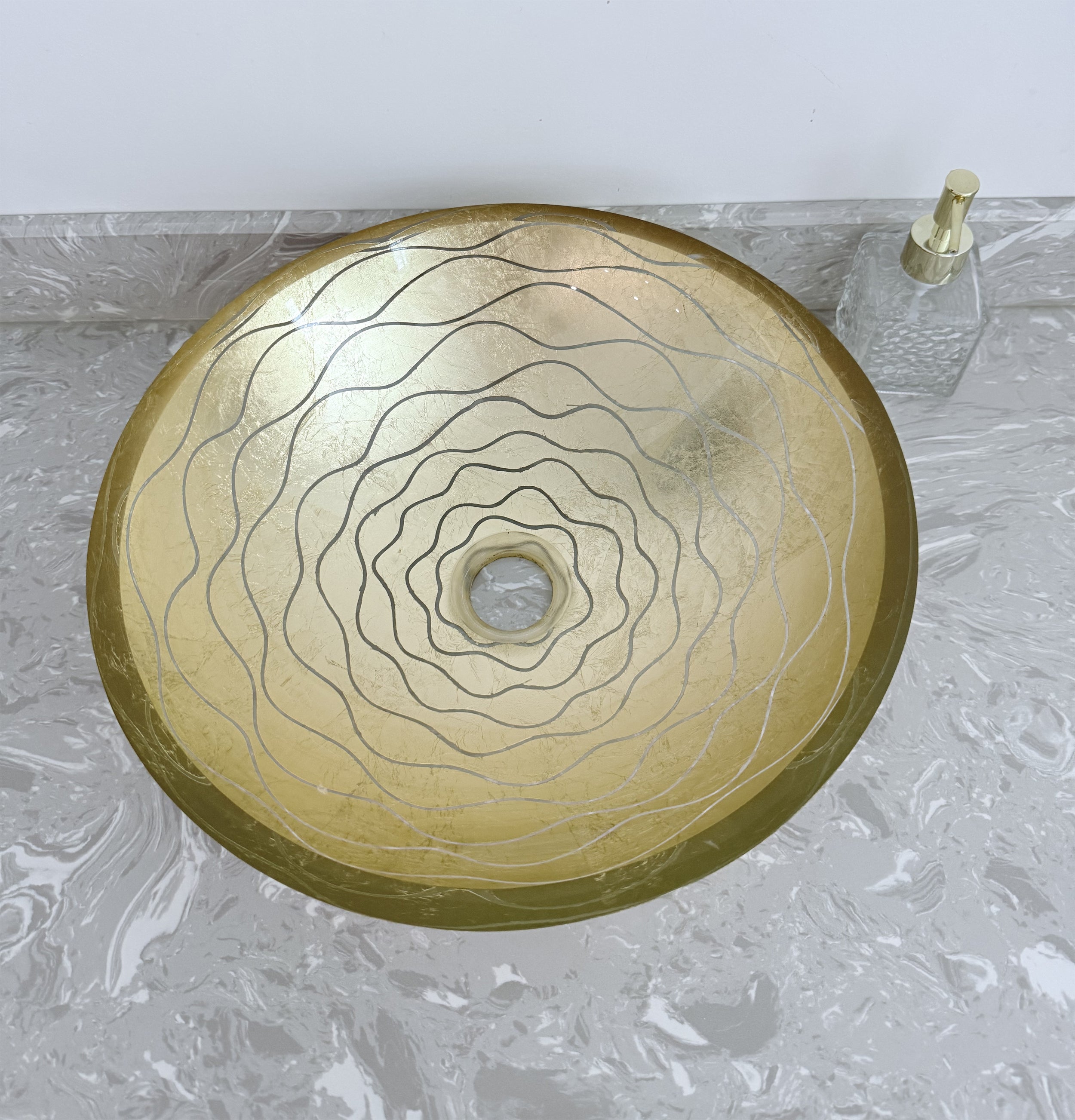 Gold Wave-Patterned Art Glass Vessel Sink with Pop-Up Drain – Handcrafted Luxe Design, Ideal for Bathroom Vanity Upgrades | Model LAV-FWS108