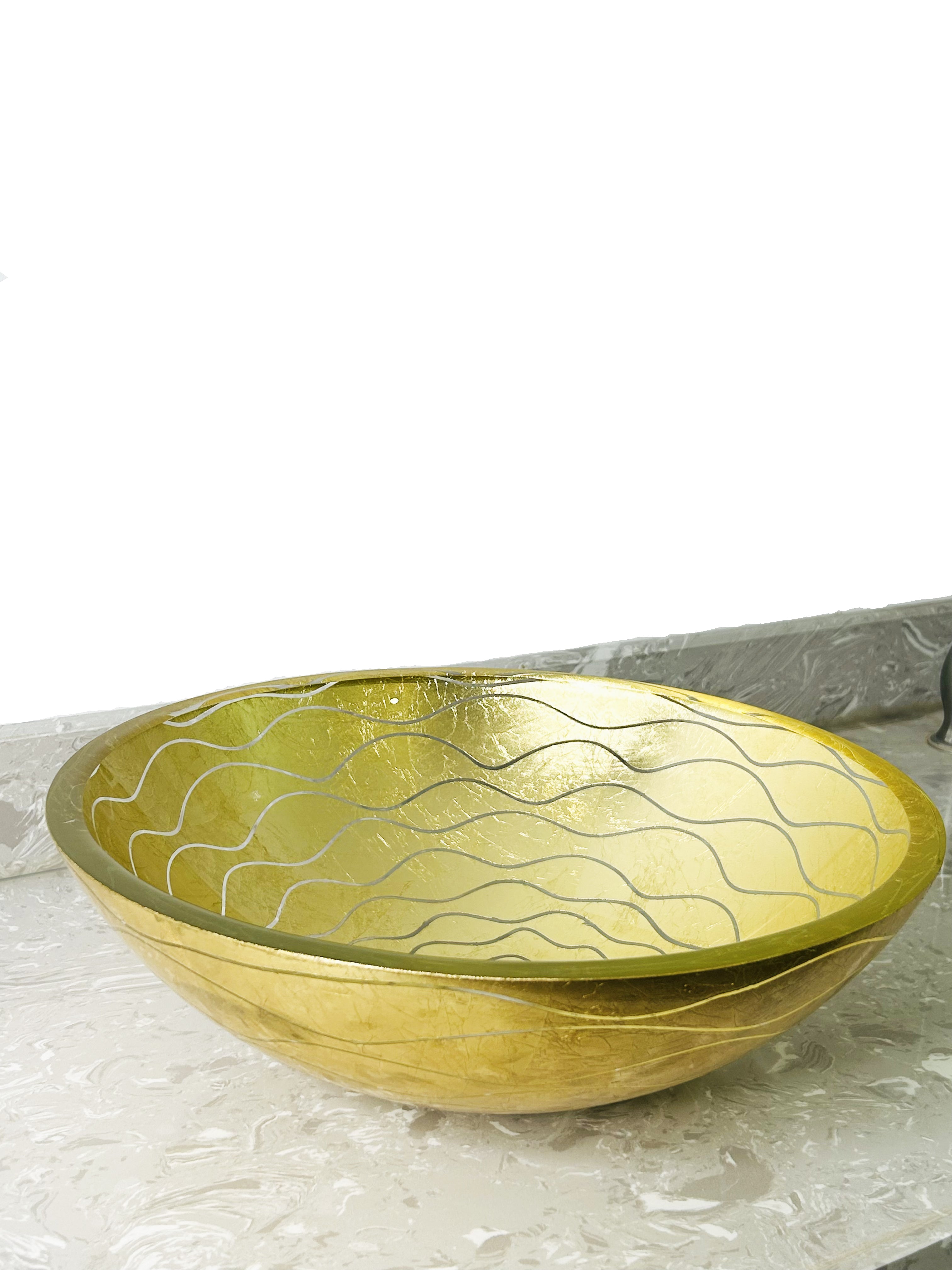 Gold Wave-Patterned Art Glass Vessel Sink with Pop-Up Drain – Handcrafted Luxe Design, Ideal for Bathroom Vanity Upgrades | Model LAV-FWS108