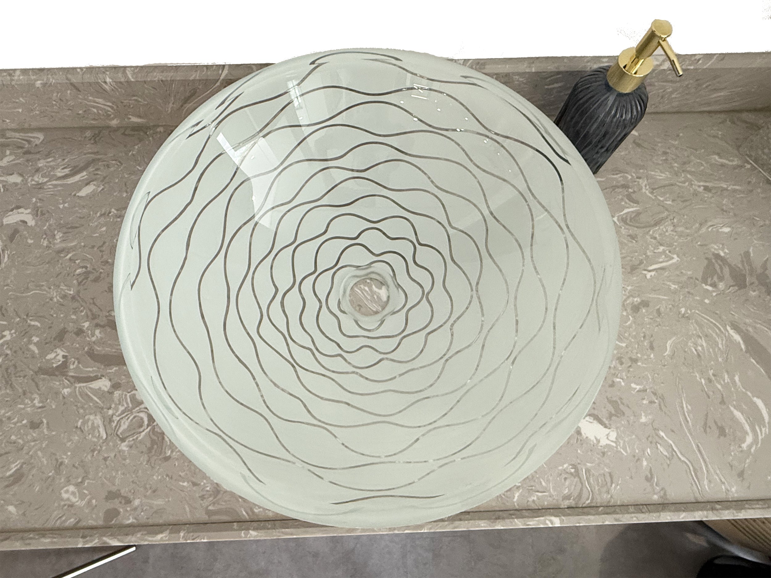 White Wave-Patterned Clear Glass Vessel Sink with Pop-Up Drain – Artistic Handcrafted Design, Smooth Finish, Ideal for Bathroom Vanity Upgrades | Model LAV-FWS107