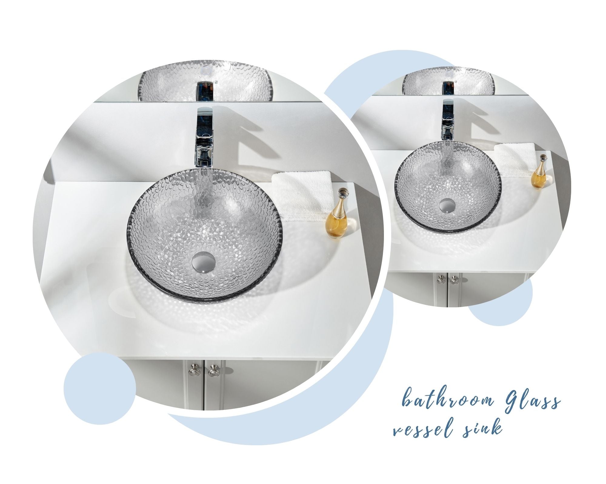 FANWIN STAR Pearl Series Glass Vessel Sink In Gray Top Raindrop Mount Sinks Above Countertop | Vanity Countertop Sink Bowl with Pop Up Drain | FW-LA633