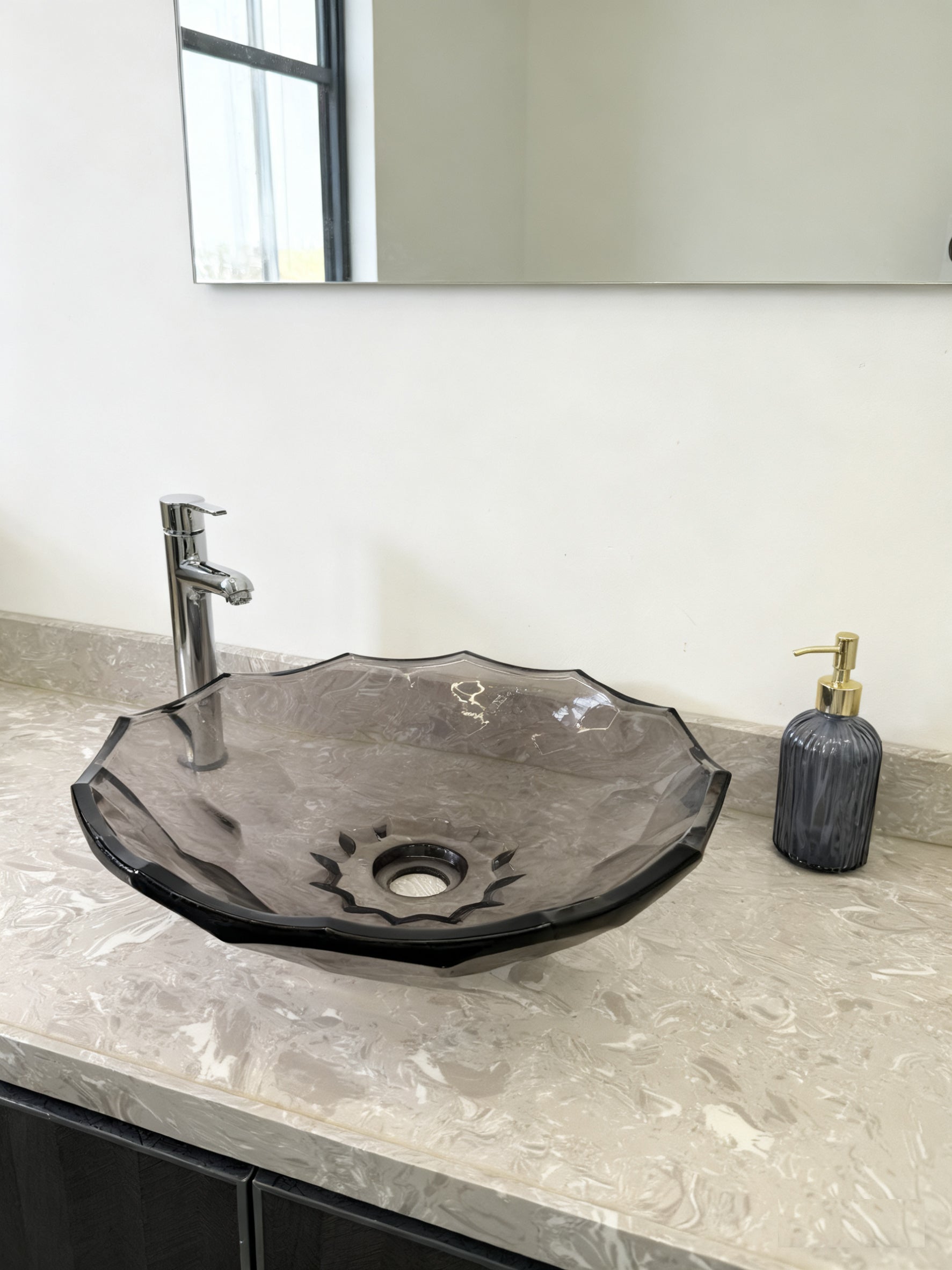 Transparent grey Glass Vessel Sink, Modern Vanity Bowl with Pop-Up Drain for Bathroom | LAV-FWS103
