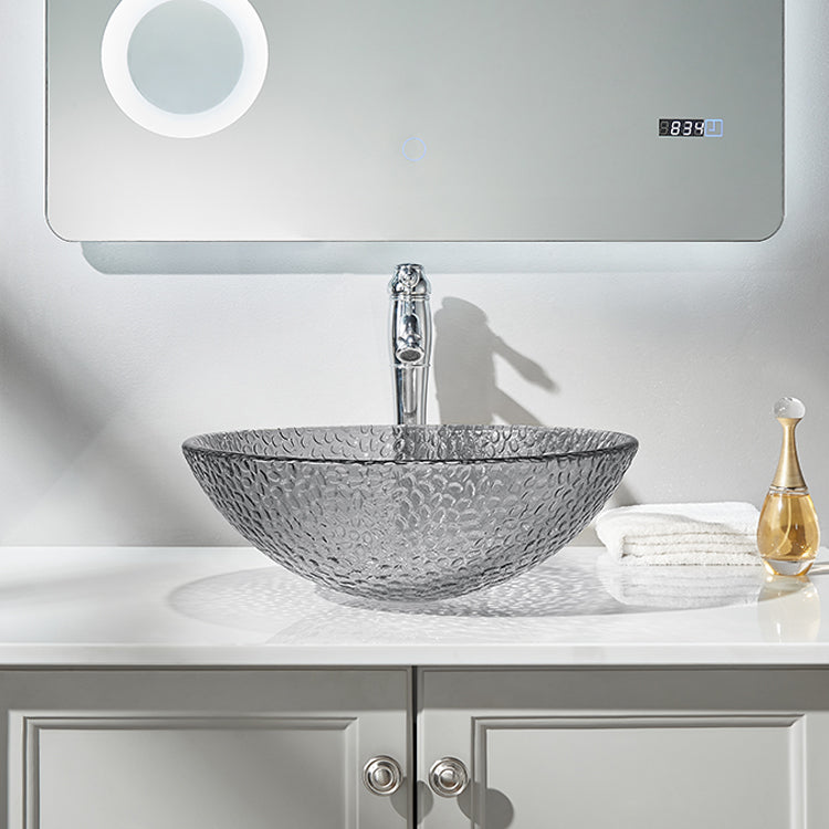 FANWIN STAR Pearl Series Glass Vessel Sink In Gray Top Raindrop Mount Sinks Above Countertop | Vanity Countertop Sink Bowl with Pop Up Drain | FW-LA633