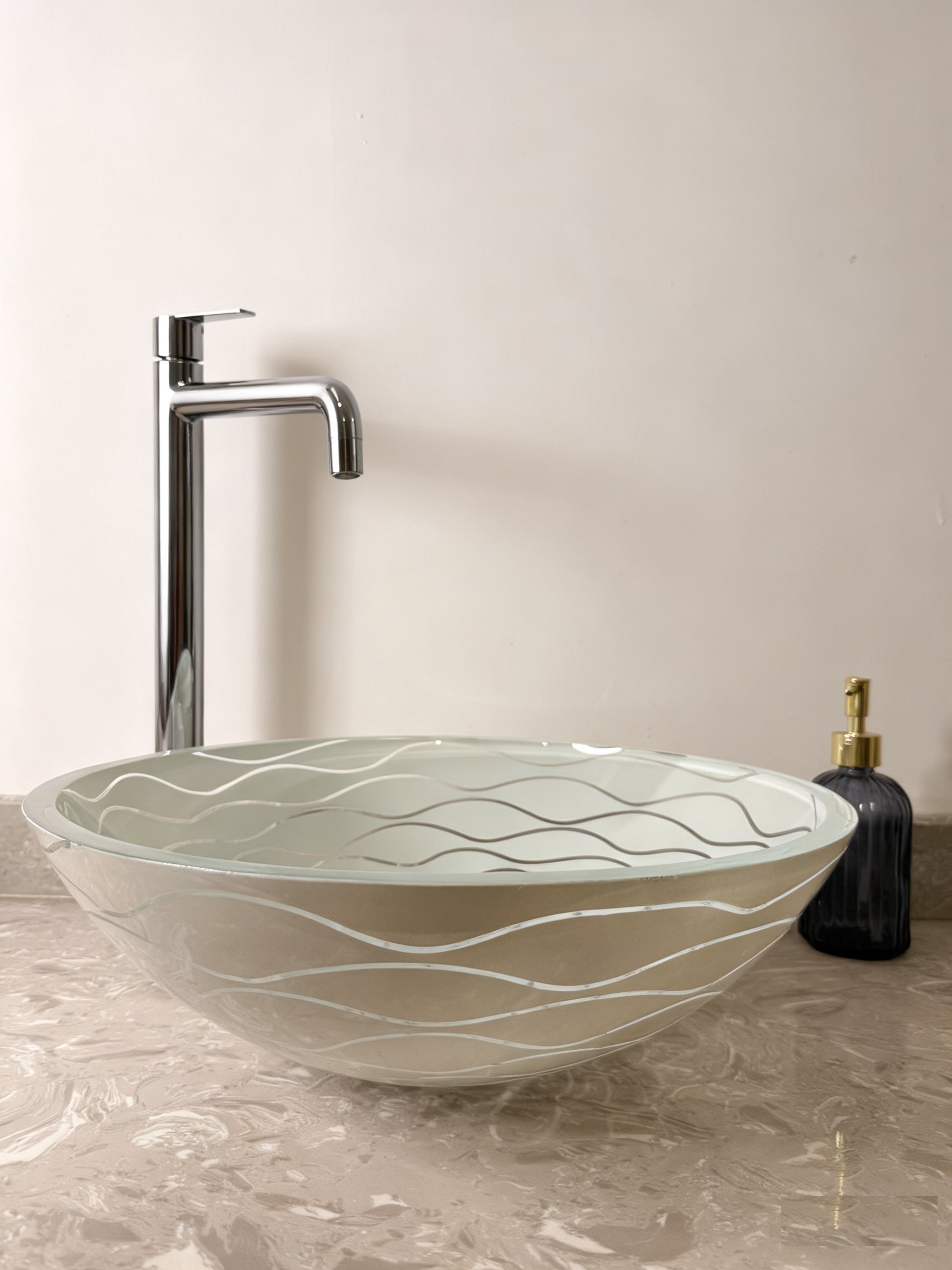 White Wave-Patterned Clear Glass Vessel Sink with Pop-Up Drain – Artistic Handcrafted Design, Smooth Finish, Ideal for Bathroom Vanity Upgrades | Model LAV-FWS107