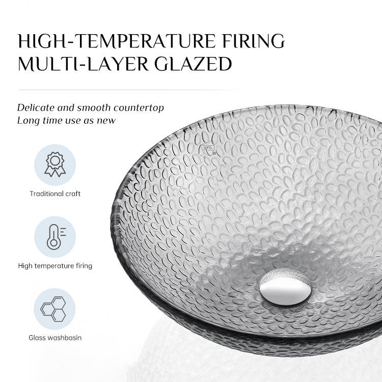 FANWIN STAR Pearl Series Glass Vessel Sink In Gray Top Raindrop Mount Sinks Above Countertop | Vanity Countertop Sink Bowl with Pop Up Drain | FW-LA633
