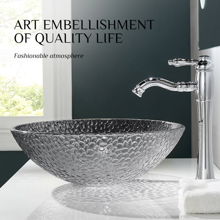 FANWIN STAR Pearl Series Glass Vessel Sink In Gray Top Raindrop Mount Sinks Above Countertop | Vanity Countertop Sink Bowl with Pop Up Drain | FW-LA633