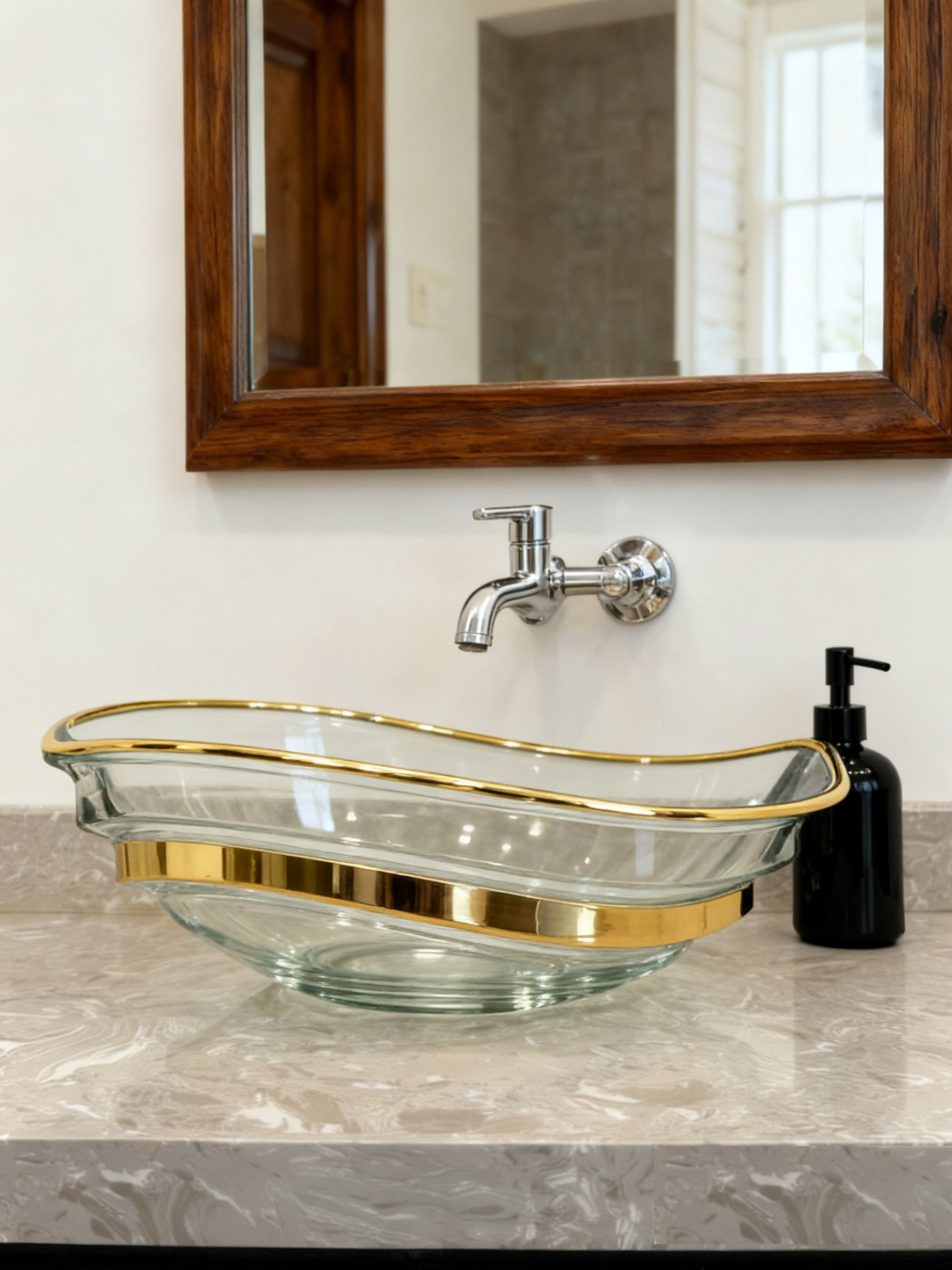Gold Inlay Glass Vessel Sink, Modern Vanity Bowl with Pop-Up Drain for Bathroom | LAV-FWS100