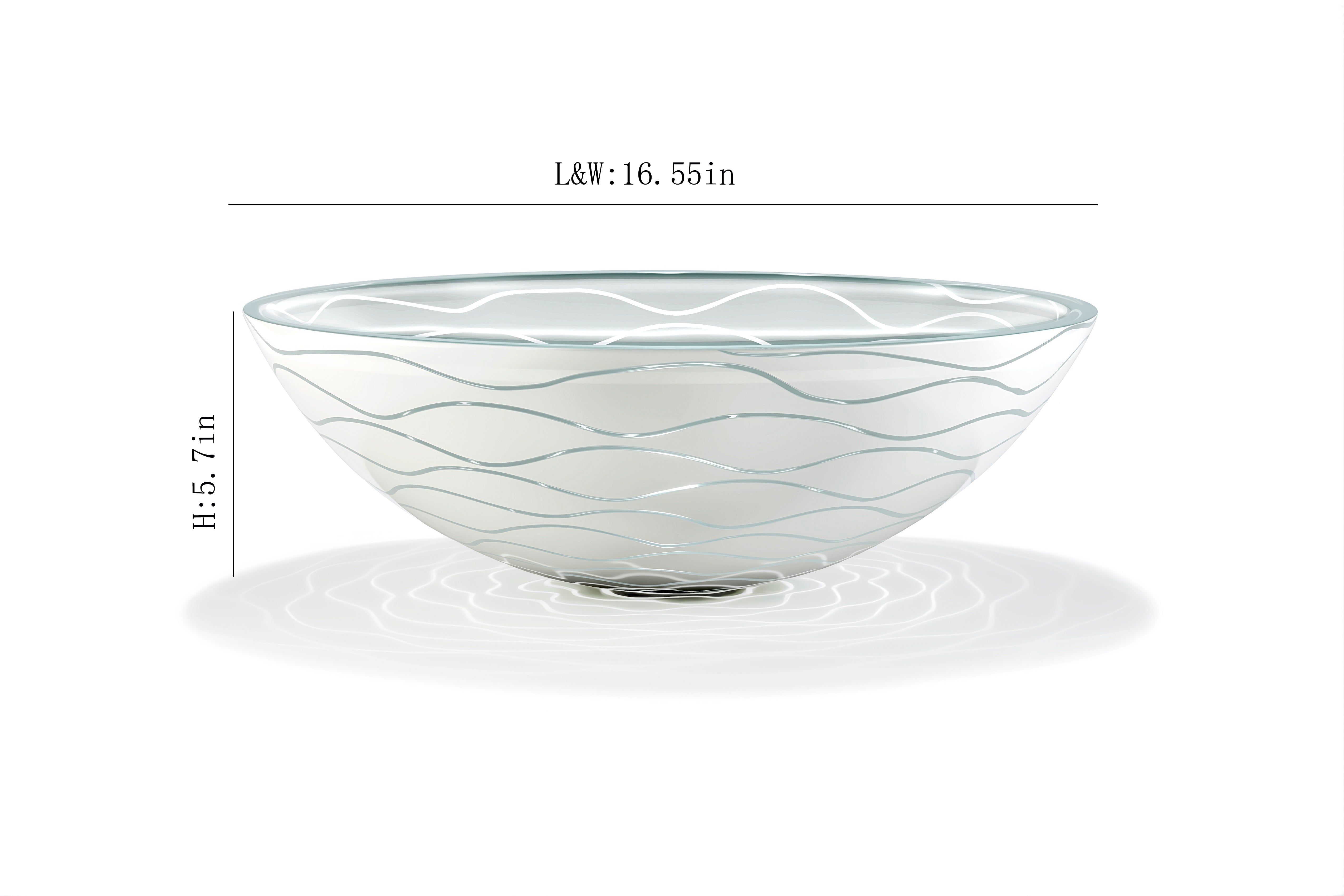 White Wave-Patterned Clear Glass Vessel Sink with Pop-Up Drain – Artistic Handcrafted Design, Smooth Finish, Ideal for Bathroom Vanity Upgrades | Model LAV-FWS107