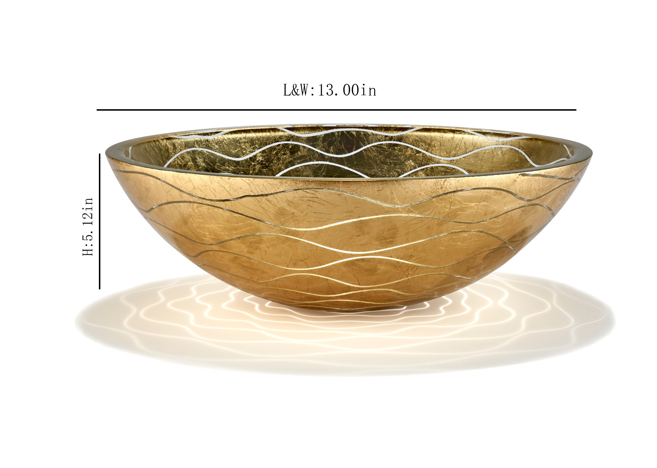 Gold Wave-Patterned Art Glass Vessel Sink with Pop-Up Drain – Handcrafted Luxe Design, Ideal for Bathroom Vanity Upgrades | Model LAV-FWS108