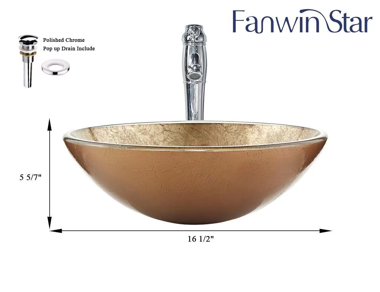 Fanwin Star Honeysuckle Series Round Tempered Deco Glass Vessel Bathroom Sink |Handicraft Vanity Countertop Sink Bowl with Pop Up Drain |FW-LA603