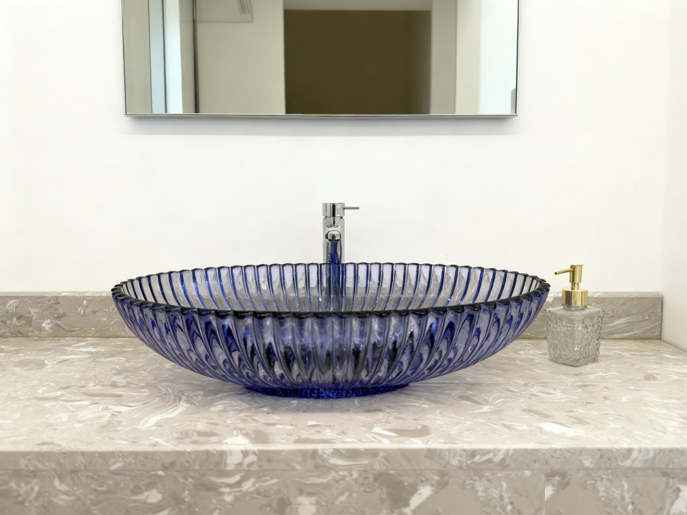 Sleek Transparent blue-violet Glass Vessel Sink - Smooth (Non-Sandy) Finish with Pop-Up Drain, Ideal for Vanity Countertops | Model LAV-FWS105