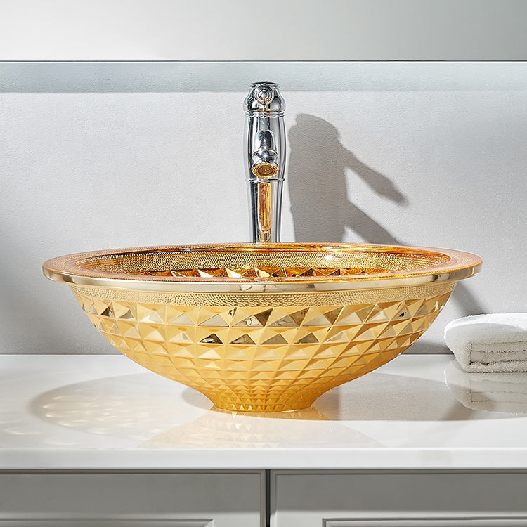 Sink Basin Bathroom Pedestal Vessel Faucets Tempered Glass Electroplating Orange CUPC Certification-Fanwin