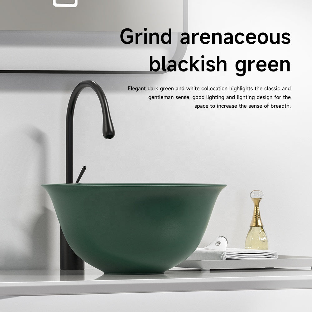 basin sink vessel faucets bathroom matte green ceramic freestanding art wash pedestal-Fanwin