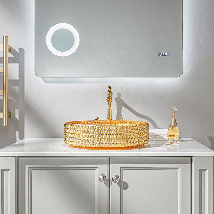 Basin Sink Faucets Pedestal Tempered Glass Bathroom Design Vessel Electroplating Orange CUPC Certification-Fanwin