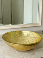Gold Wave-Patterned Art Glass Vessel Sink with Pop-Up Drain – Handcrafted Luxe Design, Ideal for Bathroom Vanity Upgrades | Model LAV-FWS108