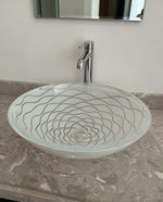 White Wave-Patterned Clear Glass Vessel Sink with Pop-Up Drain – Artistic Handcrafted Design, Smooth Finish, Ideal for Bathroom Vanity Upgrades | Model LAV-FWS107