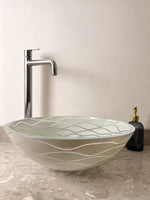 White Wave-Patterned Clear Glass Vessel Sink with Pop-Up Drain – Artistic Handcrafted Design, Smooth Finish, Ideal for Bathroom Vanity Upgrades | Model LAV-FWS107