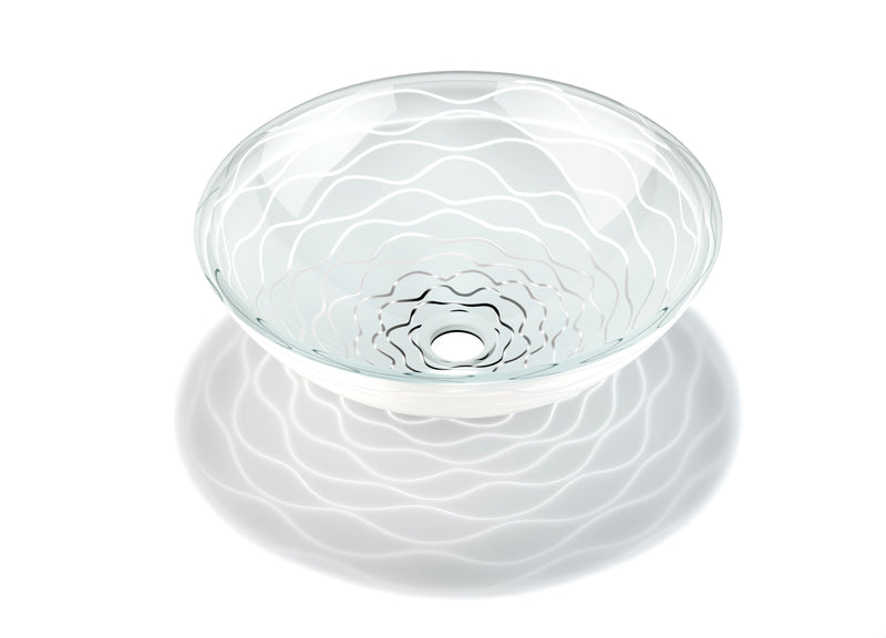 White Wave-Patterned Clear Glass Vessel Sink with Pop-Up Drain – Artistic Handcrafted Design, Smooth Finish, Ideal for Bathroom Vanity Upgrades | Model LAV-FWS107