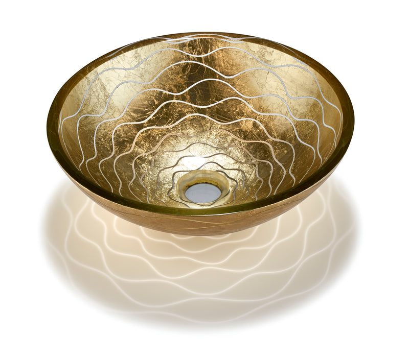 Gold Wave-Patterned Art Glass Vessel Sink with Pop-Up Drain – Handcrafted Luxe Design, Ideal for Bathroom Vanity Upgrades | Model LAV-FWS108