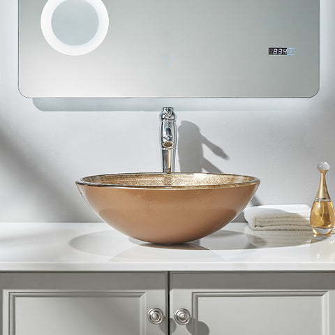 Fanwin Star Honeysuckle Series Round Tempered Deco Glass Vessel Bathroom Sink |Handicraft Vanity Countertop Sink Bowl with Pop Up Drain |FW-LA603